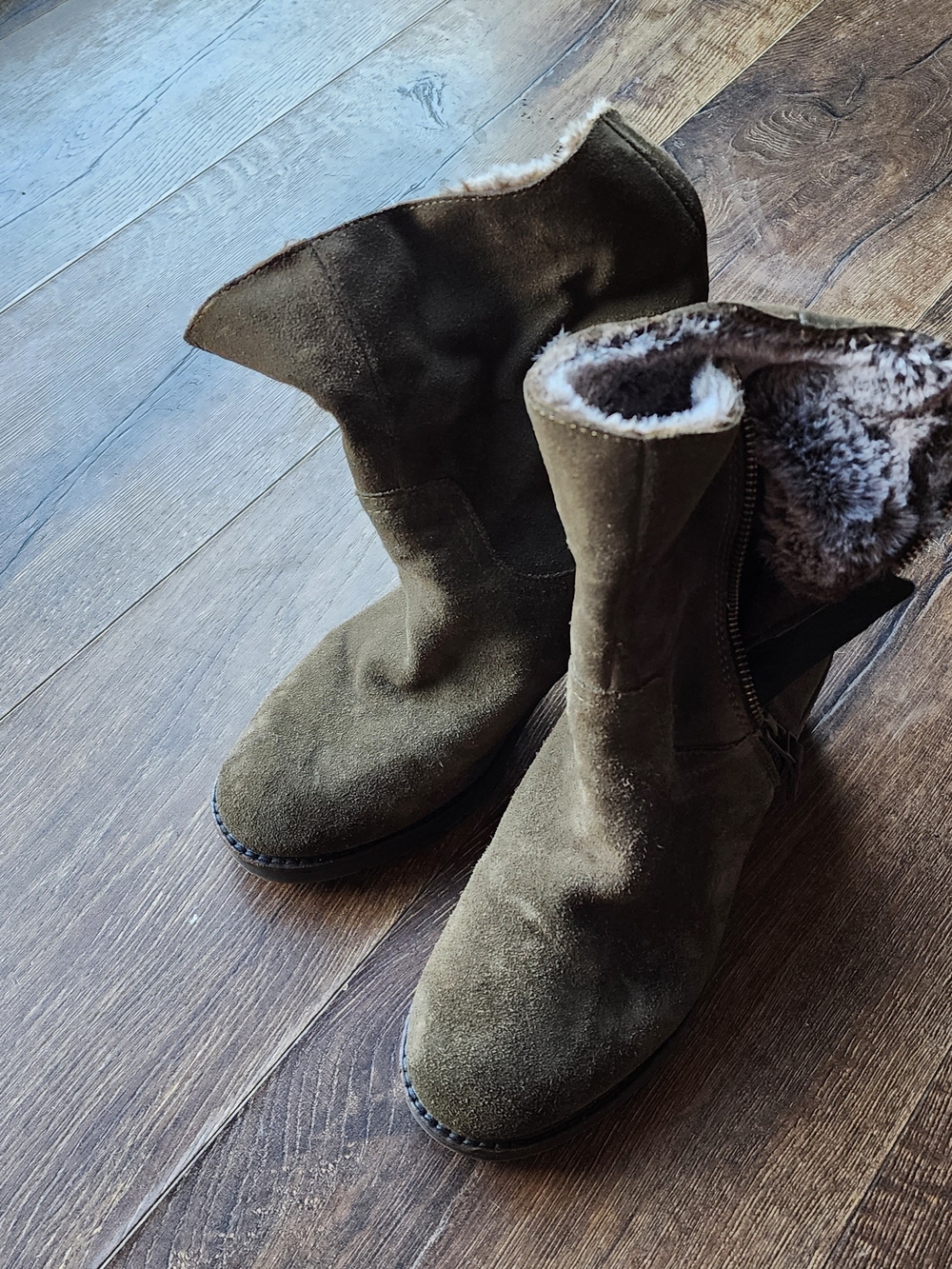 Faux-Suede Faux-Fur Lined Winter Ankle Boots — Olive